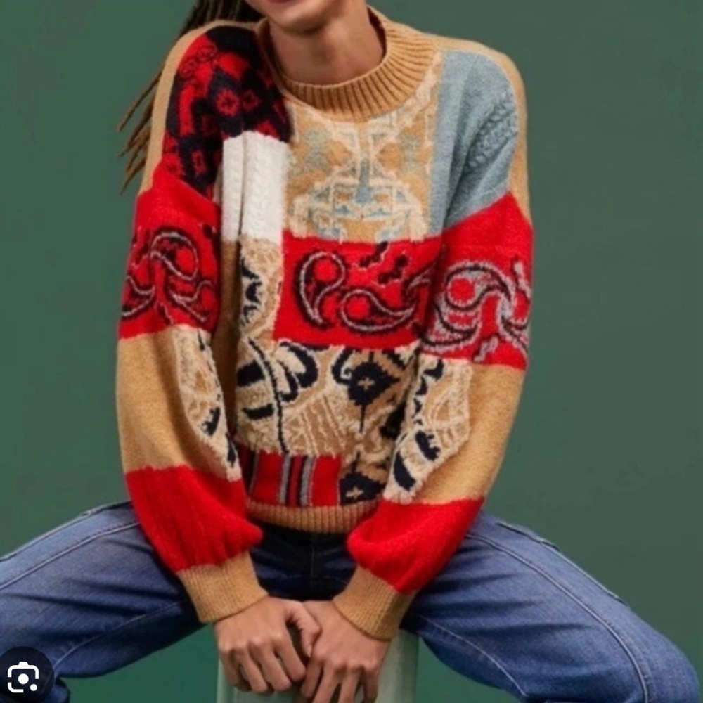 Anthropologie Rachael Sweater Patchwork knit crew Cabincore Grandmacore